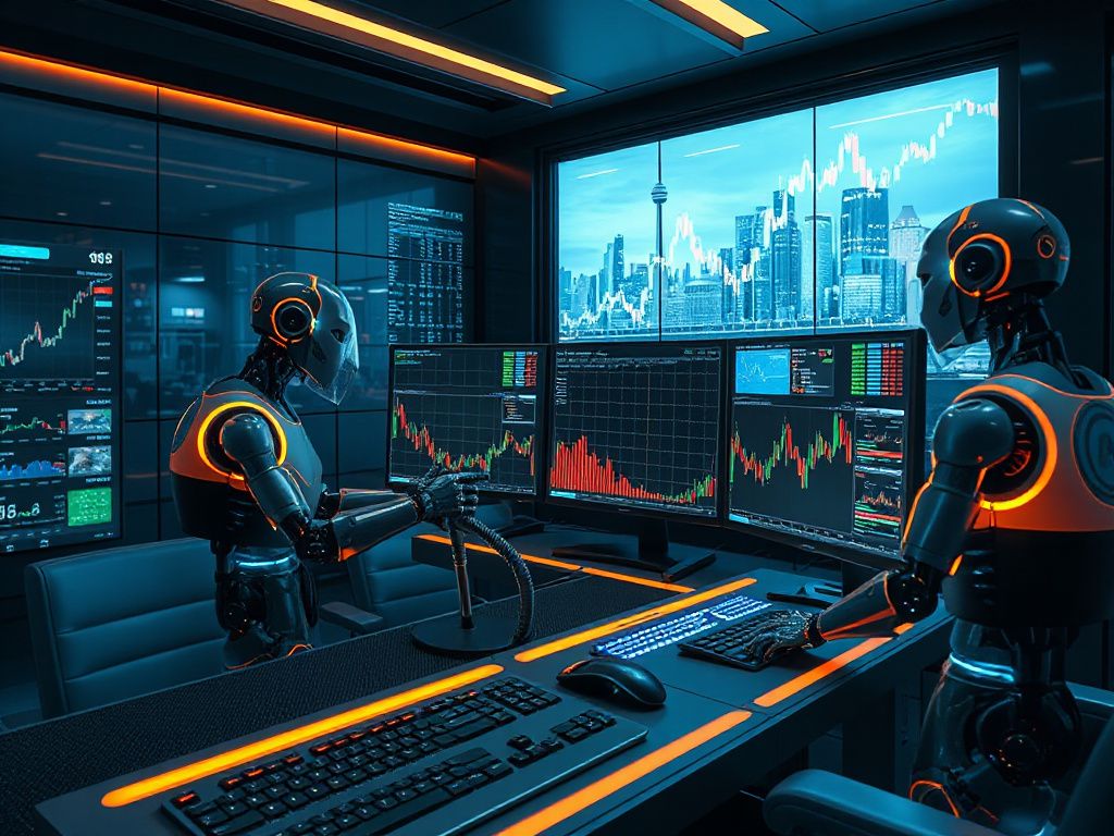 Photorealistic illustration of AI bots monitoring cryptocurrency charts on a futuristic trading desk