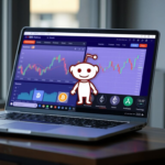 Laptop displaying AI crypto trading bot dashboards with Reddit mascot and cryptocurrency symbols