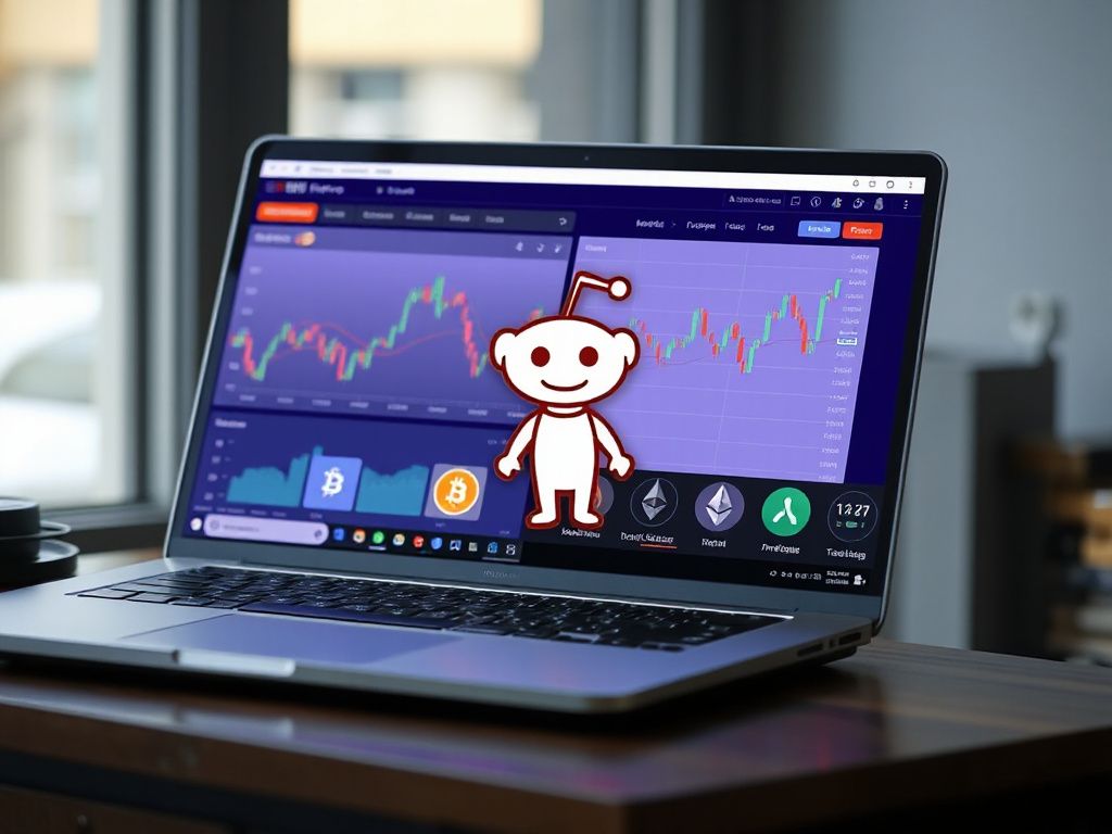 Laptop displaying AI crypto trading bot dashboards with Reddit mascot and cryptocurrency symbols