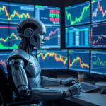 Futuristic AI robot analyzing forex, crypto, and stock market charts on multiple screens