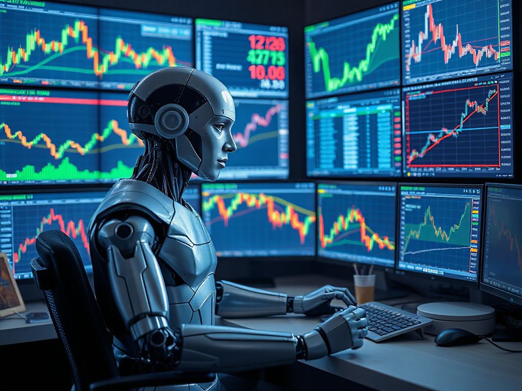 Futuristic AI robot analyzing forex, crypto, and stock market charts on multiple screens