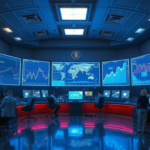 Futuristic trading floor with AI holograms analyzing crypto market data