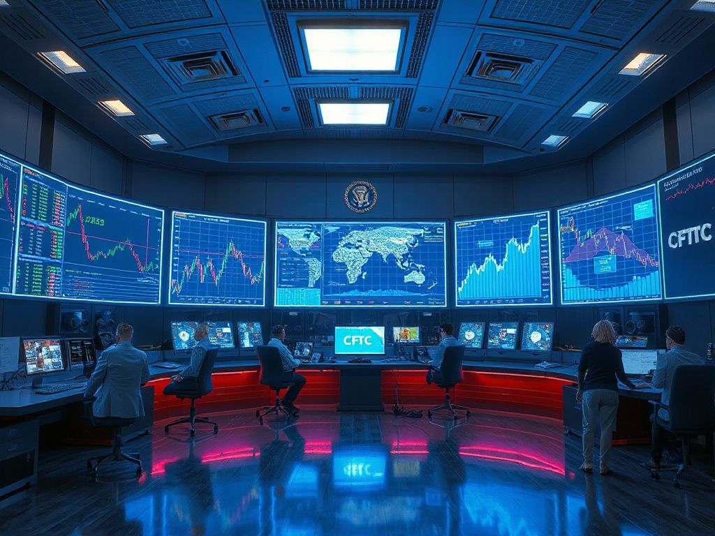 Futuristic trading floor with AI holograms analyzing crypto market data
