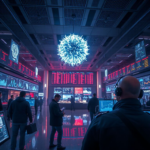 Futuristic trading floor with AI holograms and automated trading bots monitoring stock markets