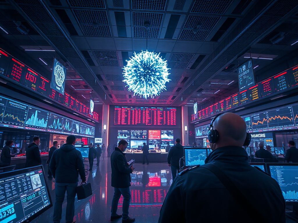 Futuristic trading floor with AI holograms and automated trading bots monitoring stock markets