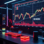 Photorealistic view of a futuristic trading desk displaying AI‑powered holographic charts with traffic‑light style signals for crypto, equities and forex