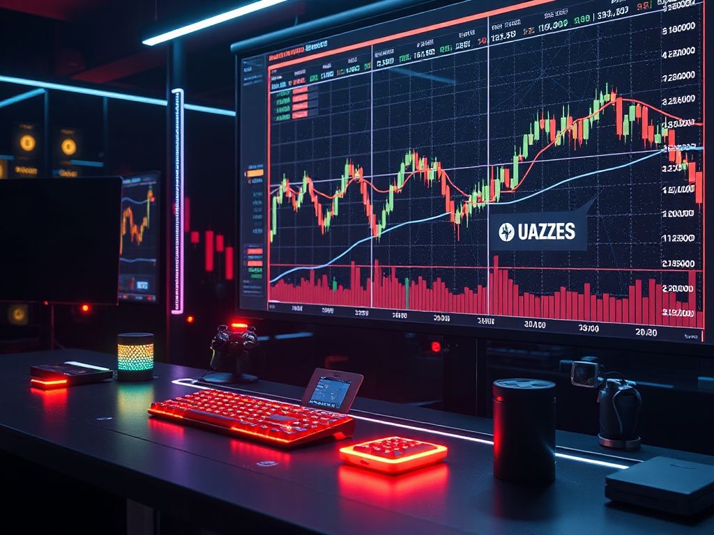 Photorealistic view of a futuristic trading desk displaying AI‑powered holographic charts with traffic‑light style signals for crypto, equities and forex