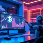 Futuristic scene showing an AI robot managing cryptocurrency trades with holographic charts, contrasted with outdated cloud‑mining equipment
