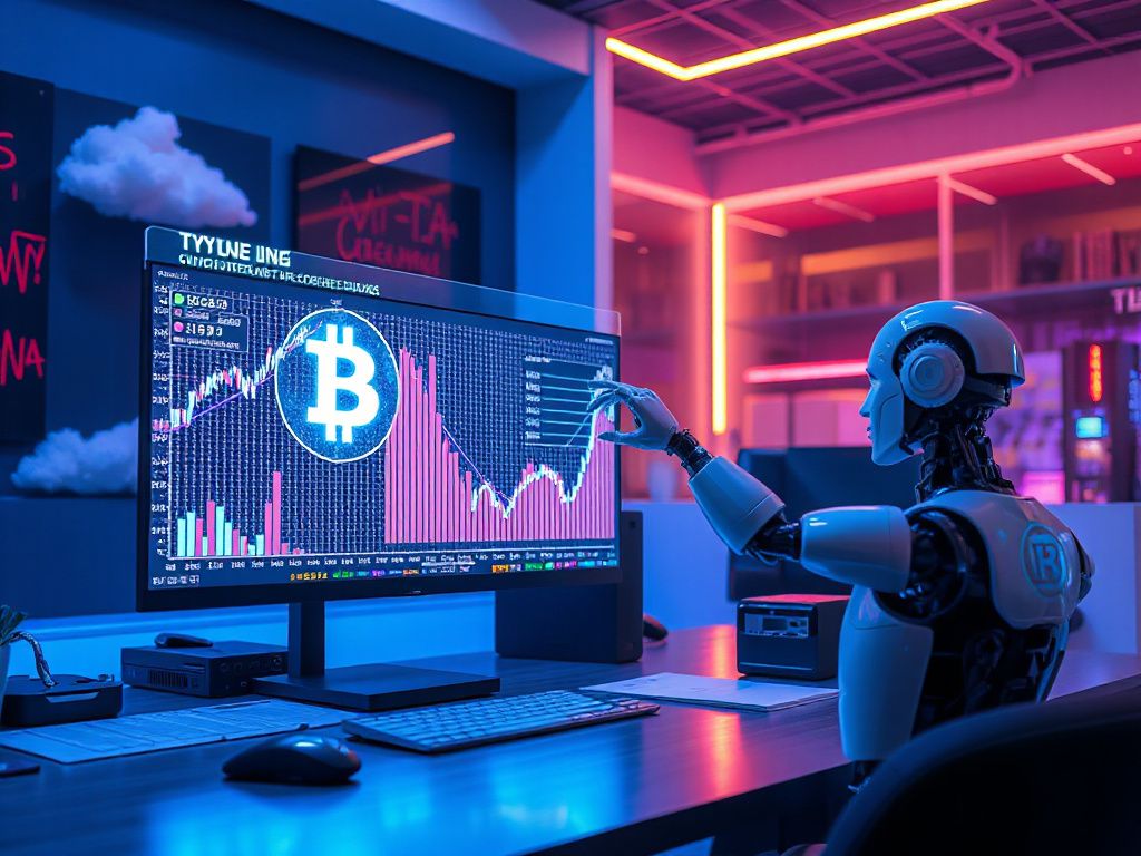 Futuristic scene showing an AI robot managing cryptocurrency trades with holographic charts, contrasted with outdated cloud‑mining equipment