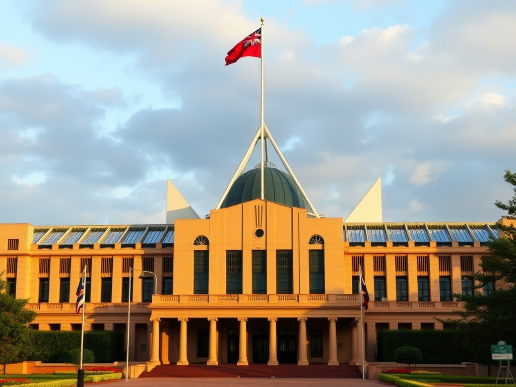 Australian parliament building with a futuristic crypto landscape in the background