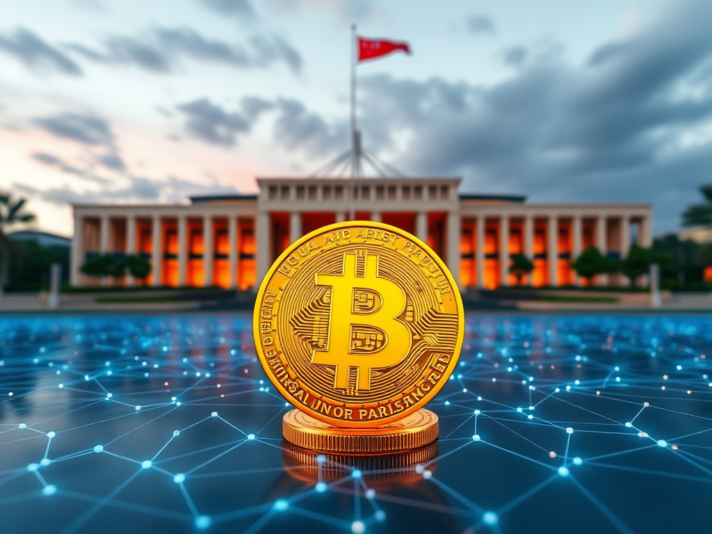 Australian Parliament building with a cryptocurrency theme in the foreground