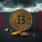 Shattered Bitcoin coin with red down arrows on a financial chart, representing a potential crash to $10,000