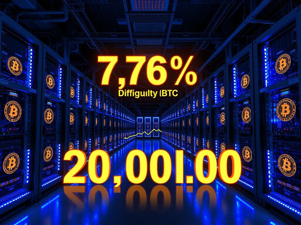 A photorealistic view of a Bitcoin mining facility converting ASIC rigs into AI GPU servers, with visual cues of the 20 millionth BTC and a difficulty drop chart