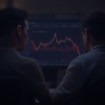 A person looking at a computer screen displaying a Bitcoin price chart with a red downward trend.