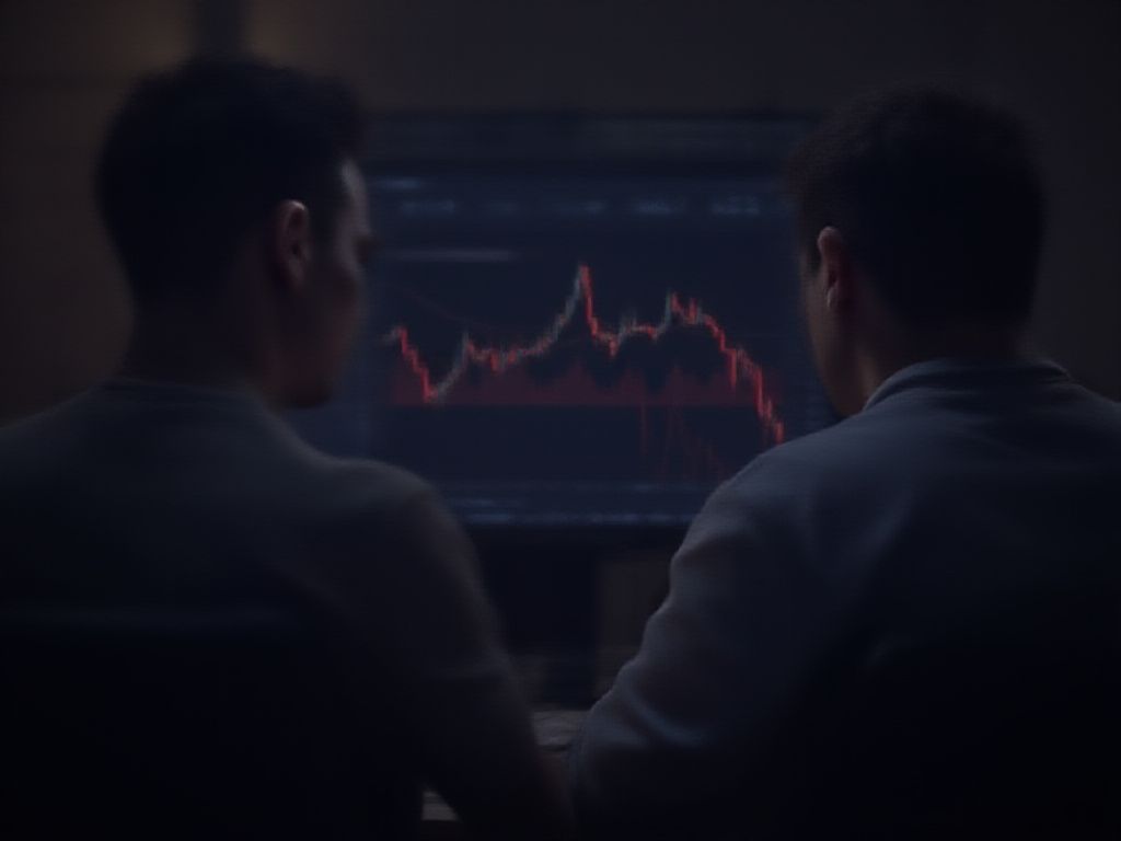 A person looking at a computer screen displaying a Bitcoin price chart with a red downward trend.