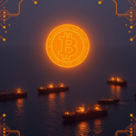 Oil tankers navigating the Hormuz Strait with a digital Bitcoin overlay and AI circuit graphics