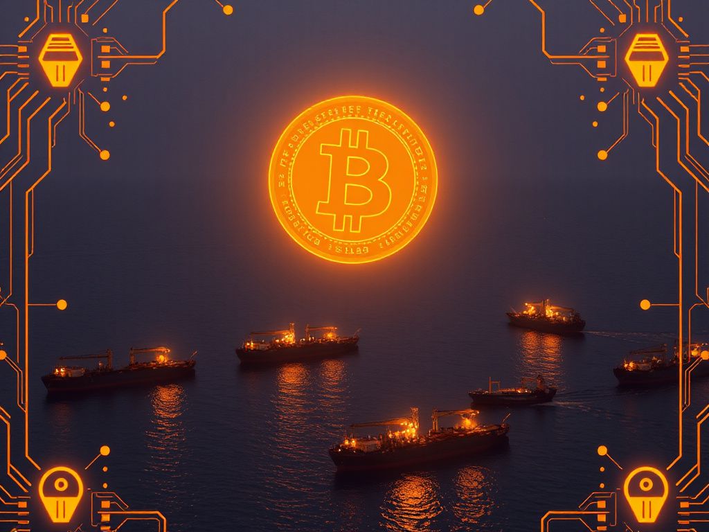 Oil tankers navigating the Hormuz Strait with a digital Bitcoin overlay and AI circuit graphics