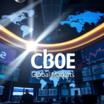 Modern trading floor with digital screens showing options and futures data, featuring the Cboe Global Markets logo