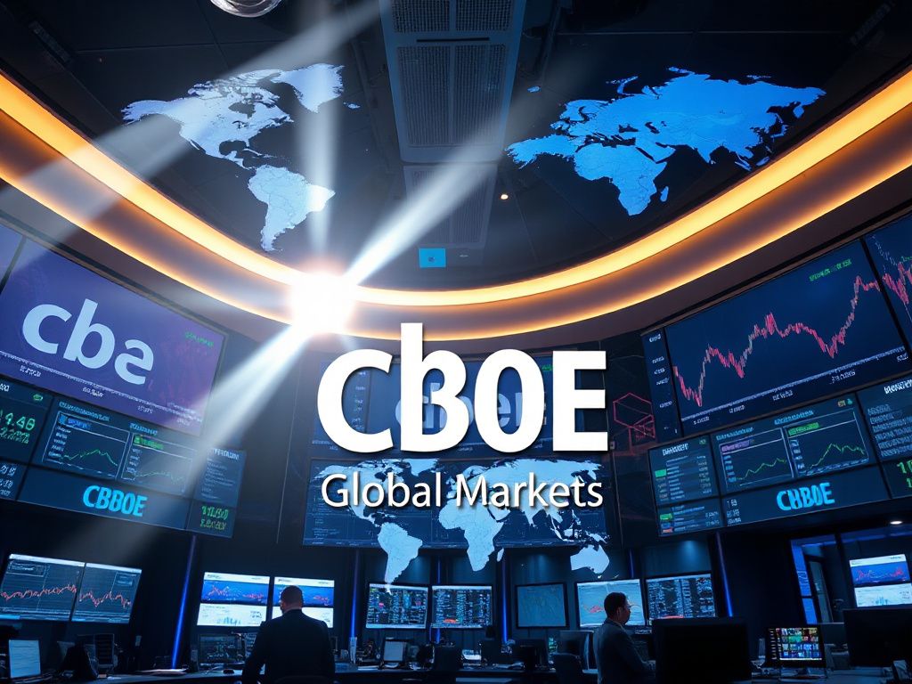 Modern trading floor with digital screens showing options and futures data, featuring the Cboe Global Markets logo