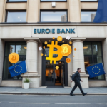 European bank facade with cryptocurrency icons and a customer leaving, symbolizing a shift to crypto‑friendly services.
