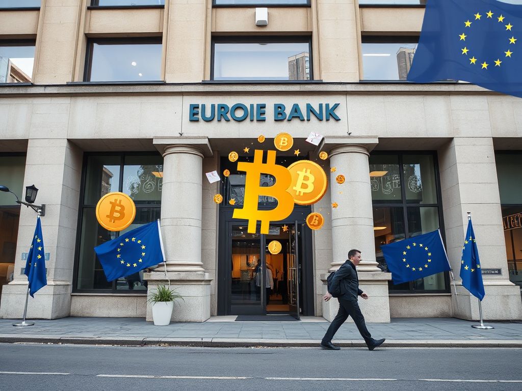European bank facade with cryptocurrency icons and a customer leaving, symbolizing a shift to crypto‑friendly services.