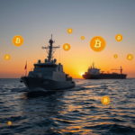 Naval escort ship guiding an oil tanker through the Strait of Hormuz with cryptocurrency and blockchain symbols