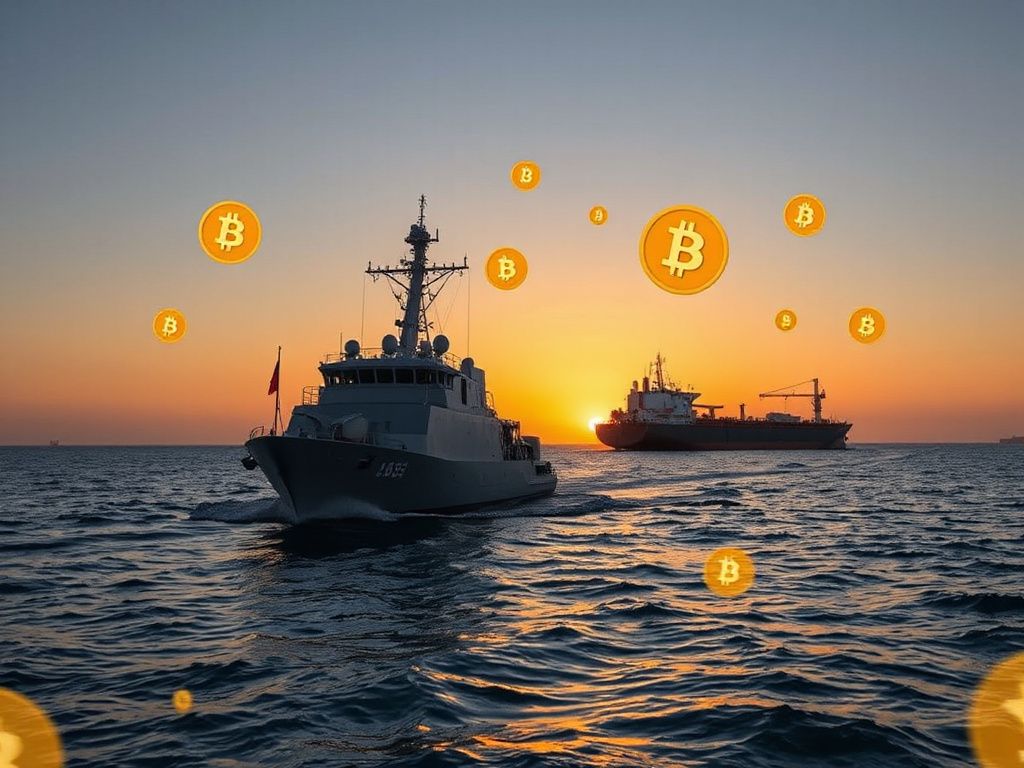 Naval escort ship guiding an oil tanker through the Strait of Hormuz with cryptocurrency and blockchain symbols