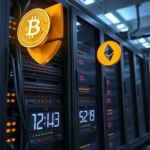 High‑tech server rack with crypto symbols and network cables representing low‑latency infrastructure for HFT bots