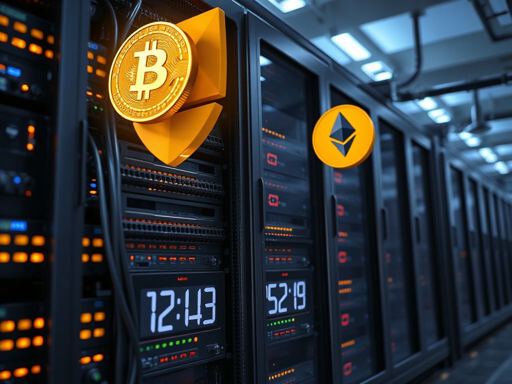 High‑tech server rack with crypto symbols and network cables representing low‑latency infrastructure for HFT bots