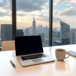Photorealistic view of a modern office workspace with laptop and city skyline