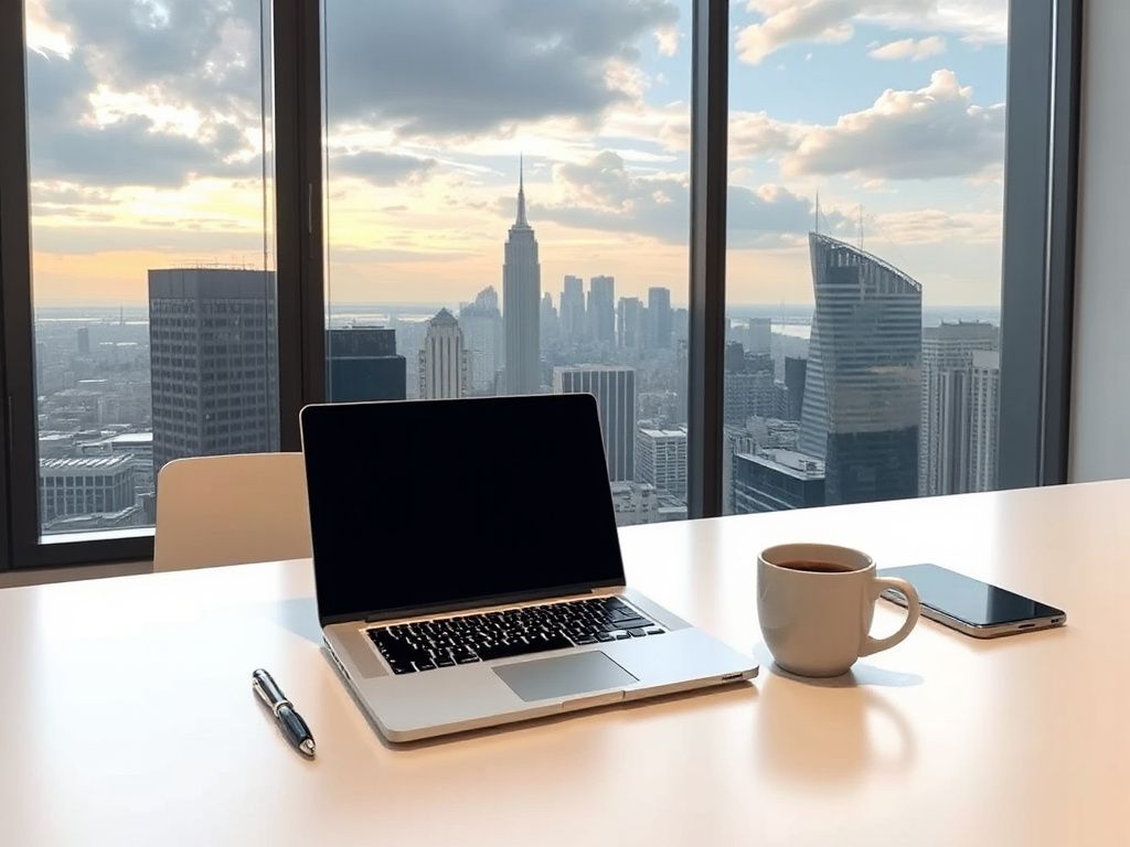 Photorealistic view of a modern office workspace with laptop and city skyline