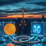 Photorealistic scene showing quantum computers and cryptocurrency logos (Bitcoin, Ethereum, XRP) over Paris during Blockchain Week
