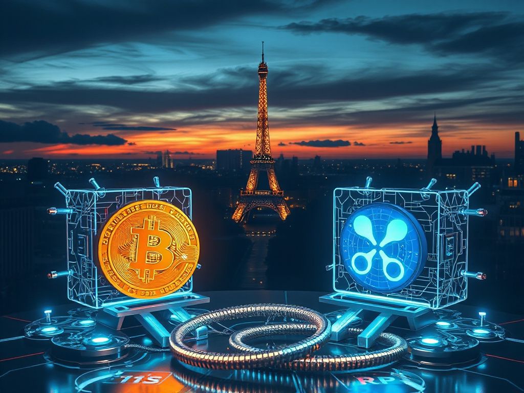 Photorealistic scene showing quantum computers and cryptocurrency logos (Bitcoin, Ethereum, XRP) over Paris during Blockchain Week