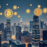 Futuristic city skyline with blockchain symbols and floating digital tokens representing tokenized real-world assets