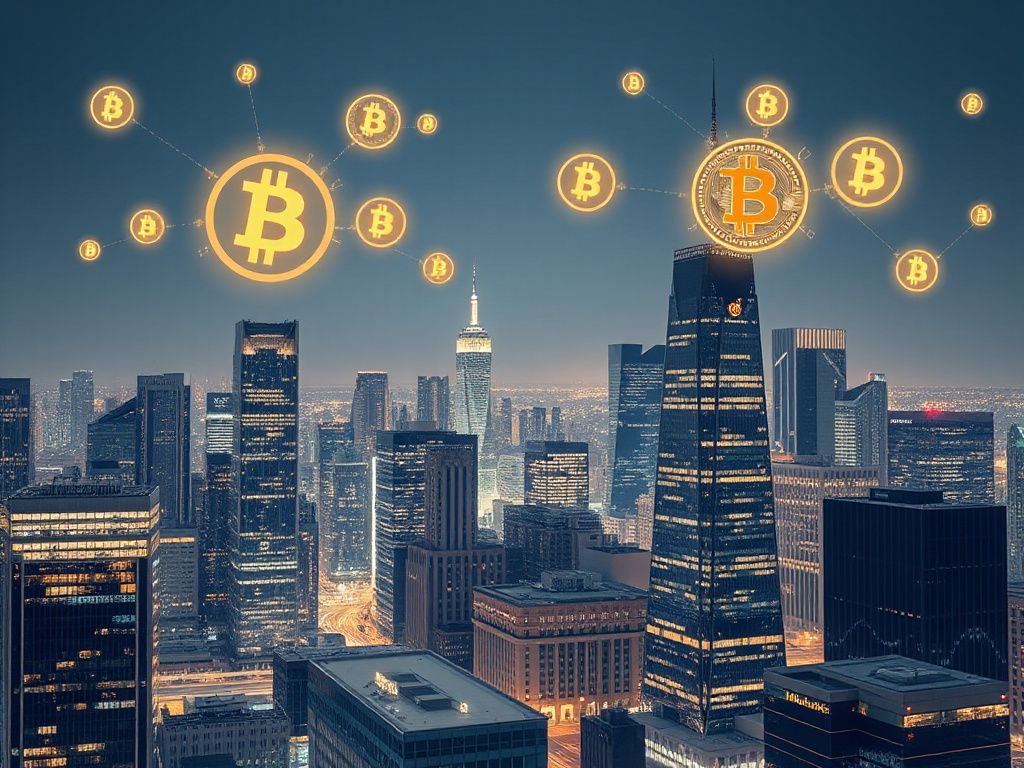 Futuristic city skyline with blockchain symbols and floating digital tokens representing tokenized real-world assets