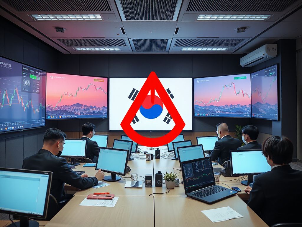 South Korean regulators overseeing cryptocurrency markets with circuit breaker graphics on digital displays