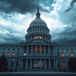 Capitol building with floating blockchain symbols under a stormy sky, symbolizing crypto regulation