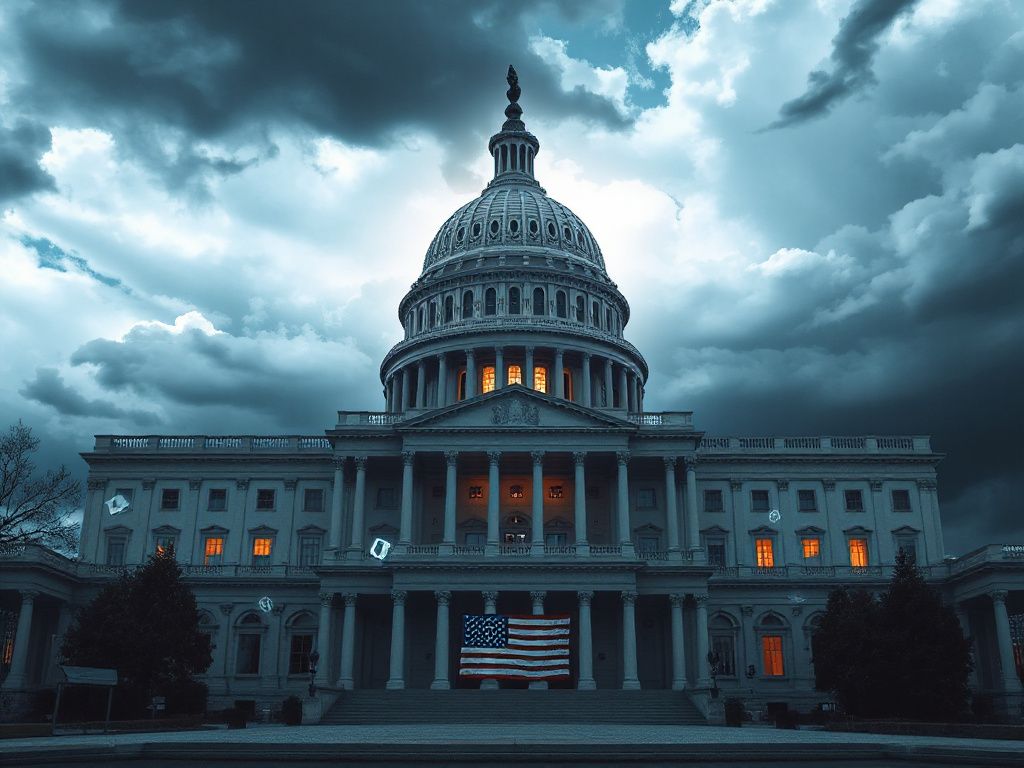 Capitol building with floating blockchain symbols under a stormy sky, symbolizing crypto regulation