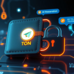 Illustration of a TON-branded digital wallet embedded in a Telegram chat, representing AI agents executing autonomous blockchain transactions