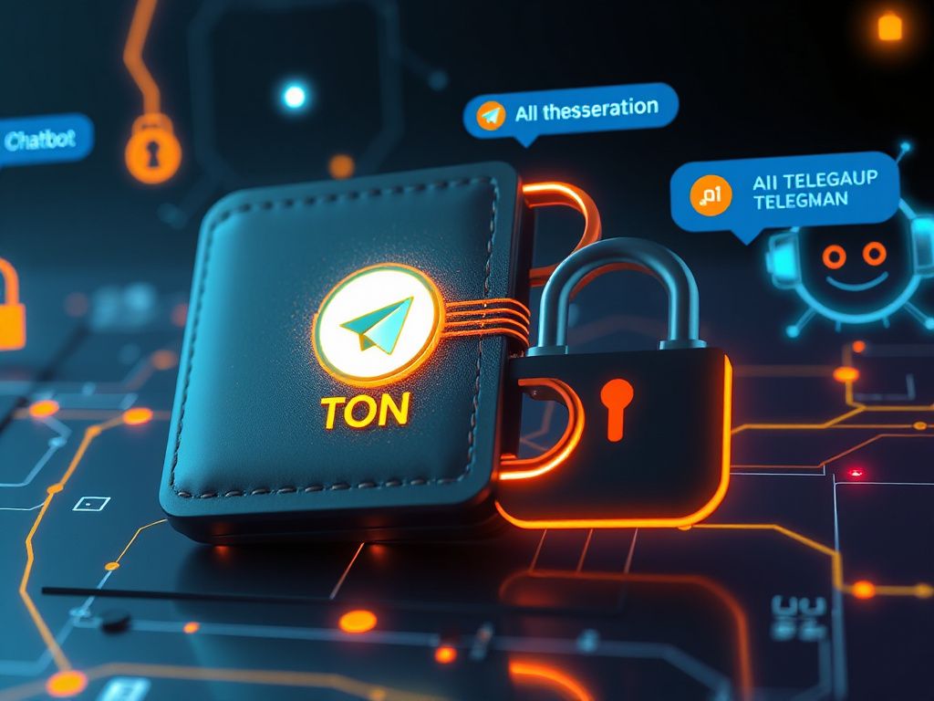 Illustration of a TON-branded digital wallet embedded in a Telegram chat, representing AI agents executing autonomous blockchain transactions