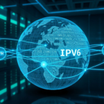 Futuristic globe of interconnected AI agents linked by IPv6 address strings, illustrating decentralized peer‑to‑peer networking