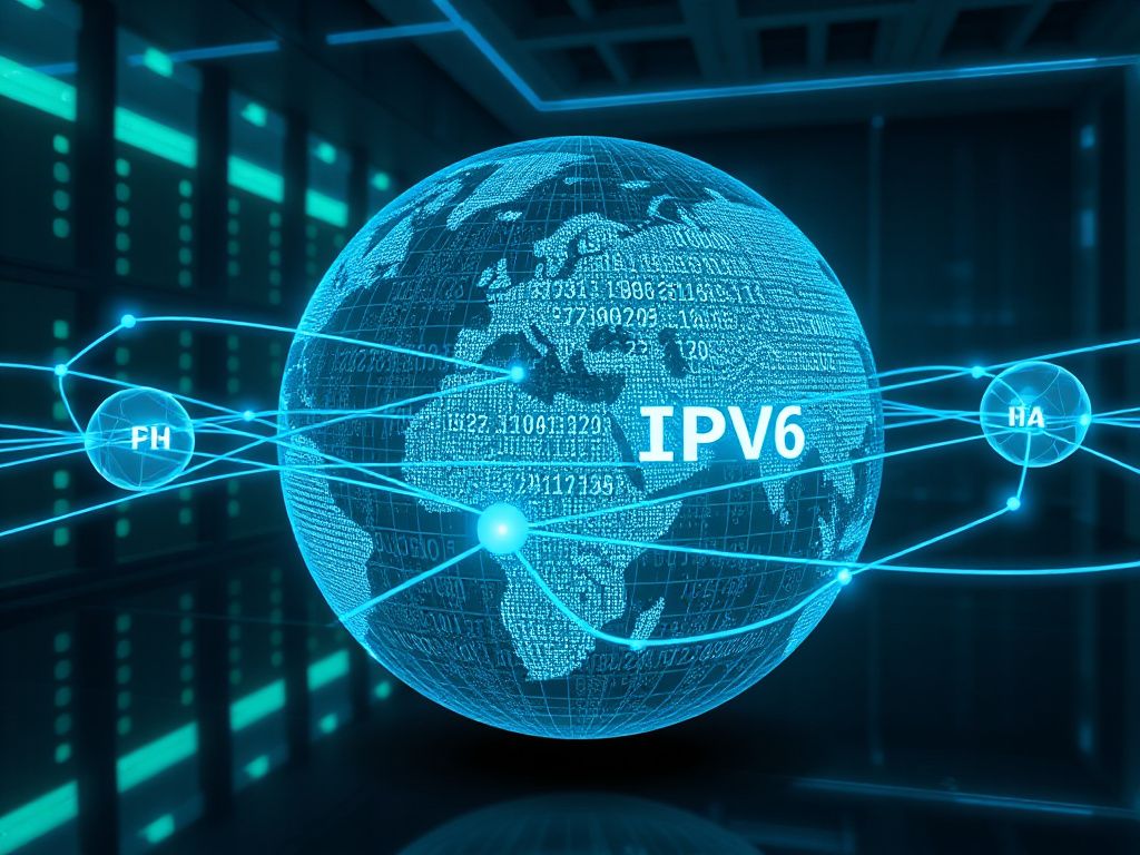 Futuristic globe of interconnected AI agents linked by IPv6 address strings, illustrating decentralized peer‑to‑peer networking