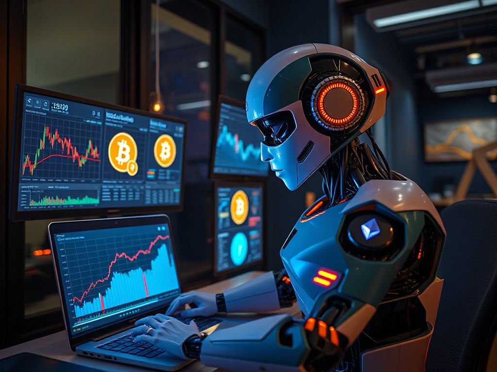 Futuristic AI trading robot monitoring cryptocurrency charts on holographic screens