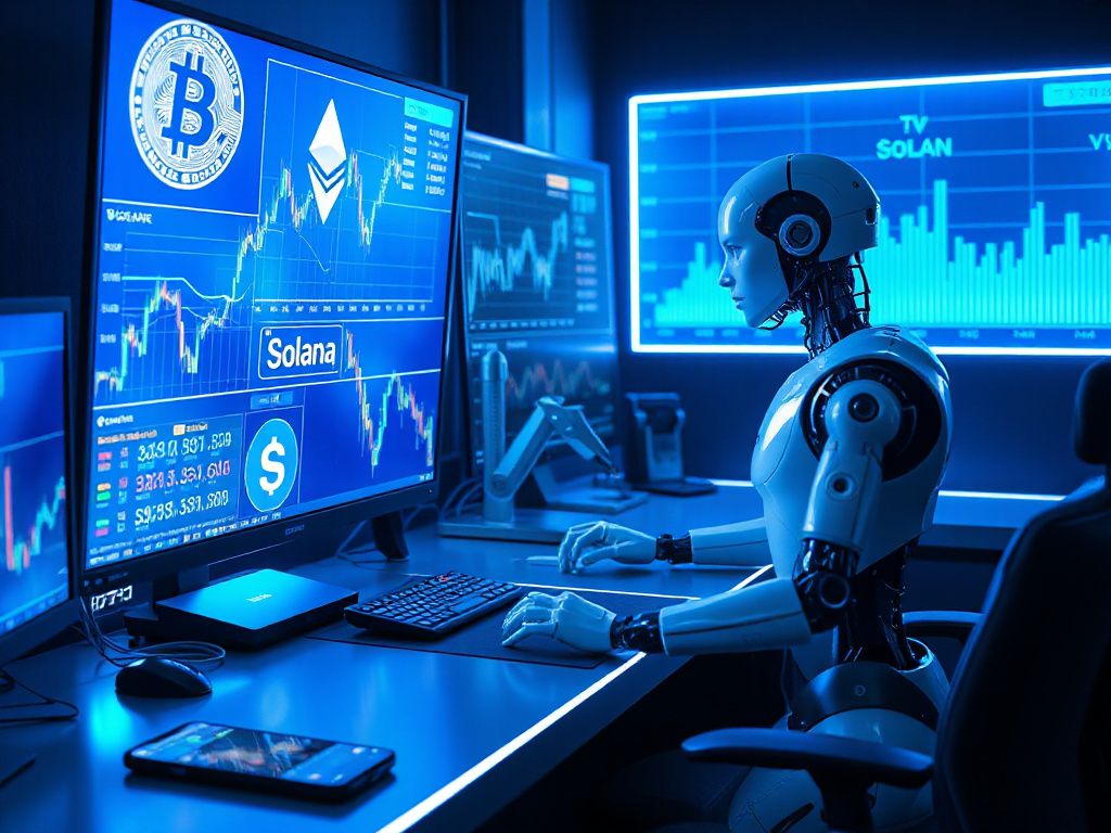 Futuristic AI-driven crypto trading desk with holographic Bitcoin, Ethereum and Solana charts