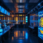 Futuristic trading floor featuring AI holograms, crypto icons, and financial data visualizations representing the convergence of AI, finance, and cryptocurrency regulation.