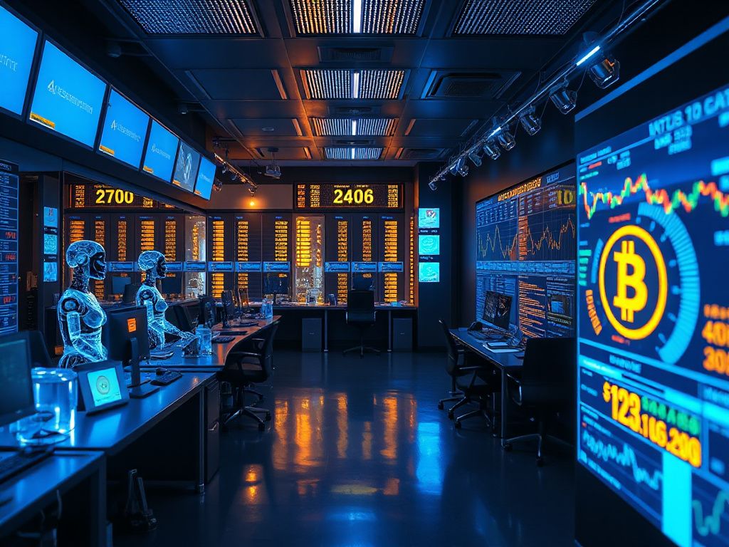 Futuristic trading floor featuring AI holograms, crypto icons, and financial data visualizations representing the convergence of AI, finance, and cryptocurrency regulation.