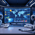 Futuristic AI trading desk with holographic market charts