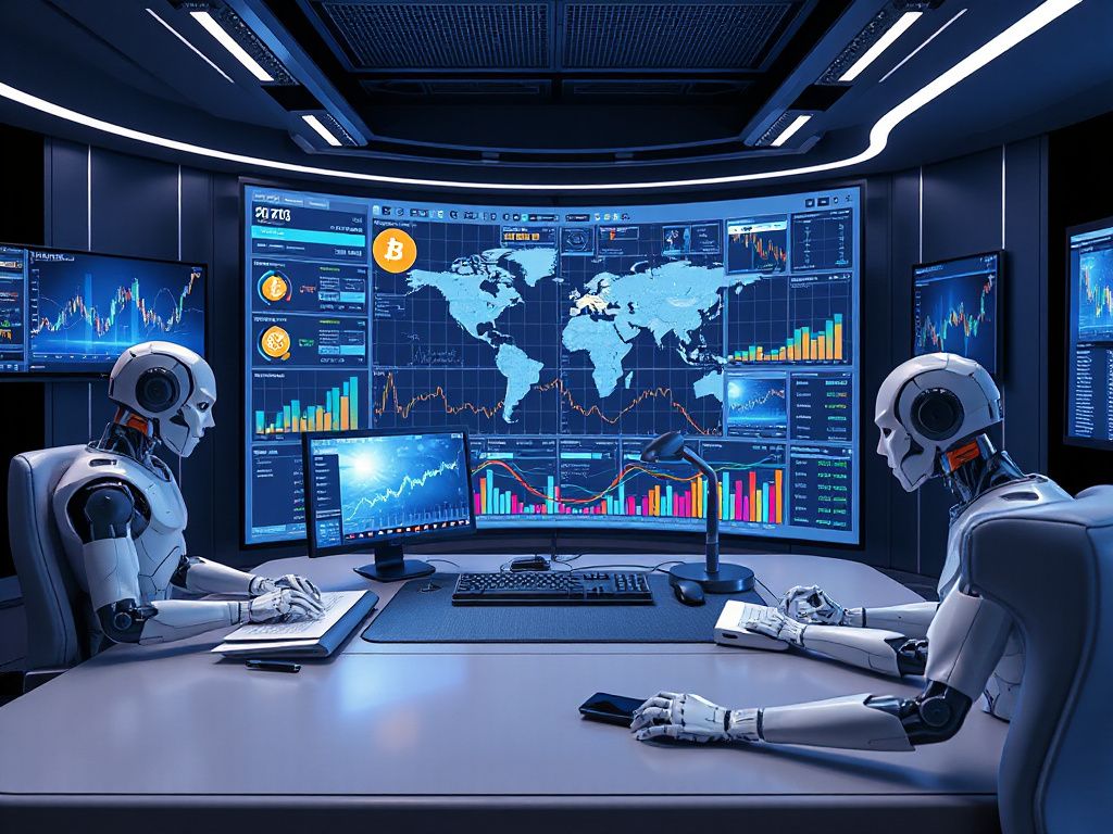 Futuristic AI trading desk with holographic market charts