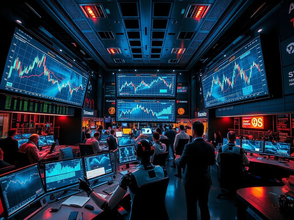 Futuristic AI robots managing trades on holographic financial charts