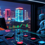 Futuristic AI robot trading cryptocurrencies on holographic screens